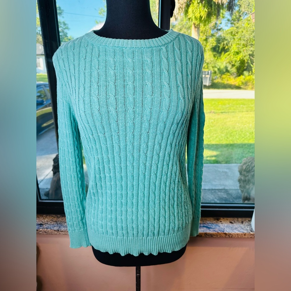 Kate Lord Mint Green Cable Knit Cotton Blend Sweater Size Large
